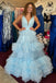 sky blue v neck tulle ruffles a line prom dress tiered long formal gown