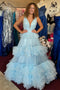 Sky Blue V Neck Tulle Ruffles A-line Prom Dress, Tiered Long Formal Gown GP642