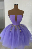 Chic Lavender Tulle Strapless Beaded Homecoming Dress, A-line Short Party Dress GM689