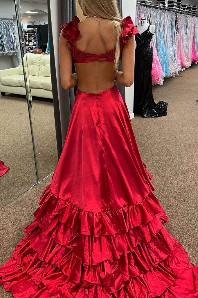 Criss Cross Top Ruffled Straps Red Pleated Layered Long Prom Dresses GP650
