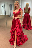 Criss Cross Top Ruffled Straps Red Pleated Layered Long Prom Dresses GP650