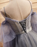 Puffy Sleeves Lavender Tulle Homecoming Dress, Short Prom Dress with Lace GM694