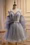 Puffy Sleeves Lavender Tulle Homecoming Dress, Short Prom Dress with Lace GM694