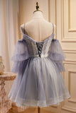 Puffy Sleeves Lavender Tulle Homecoming Dress, Short Prom Dress with Lace GM694