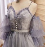 Puffy Sleeves Lavender Tulle Homecoming Dress, Short Prom Dress with Lace GM694