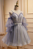 Puffy Sleeves Lavender Tulle Homecoming Dress, Short Prom Dress with Lace GM694