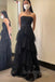 princess black tiered tulle long prom dress strapless graduation long dress
