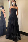 Princess Black Tiered Tulle Long Prom Dress Strapless Graduation Long Dress GP572