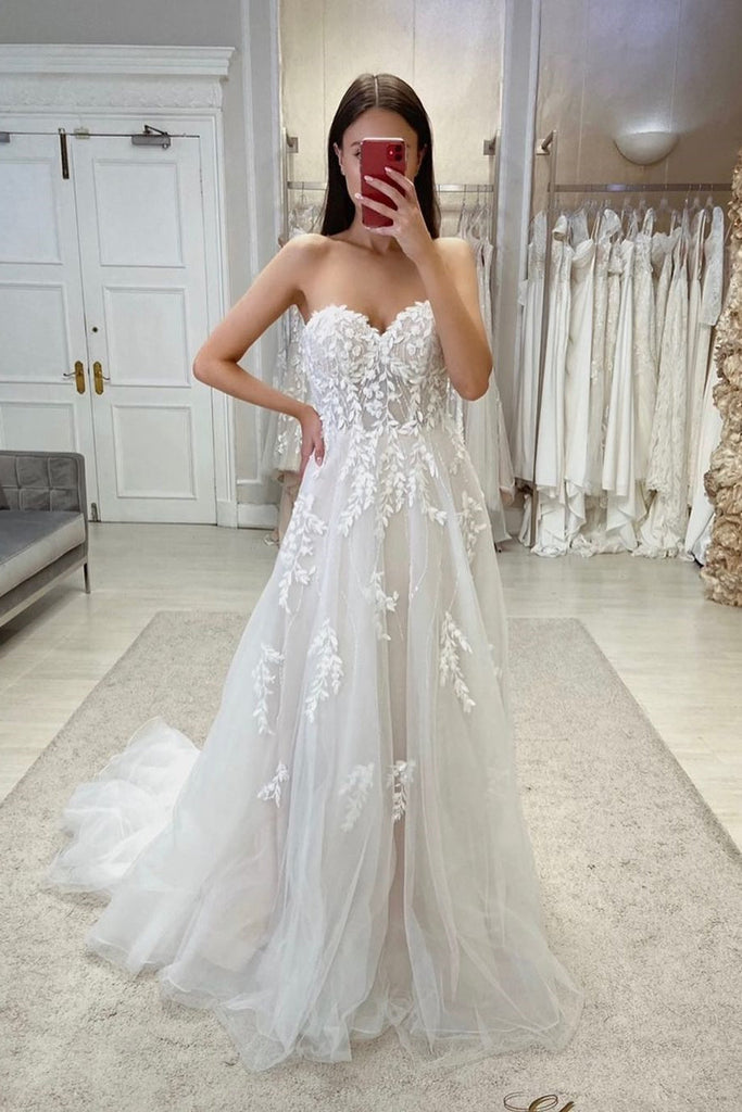 A-line Appliques Tulle Wedding Dress Sleeveless Sweetheart Boho Bridal Gown PW564