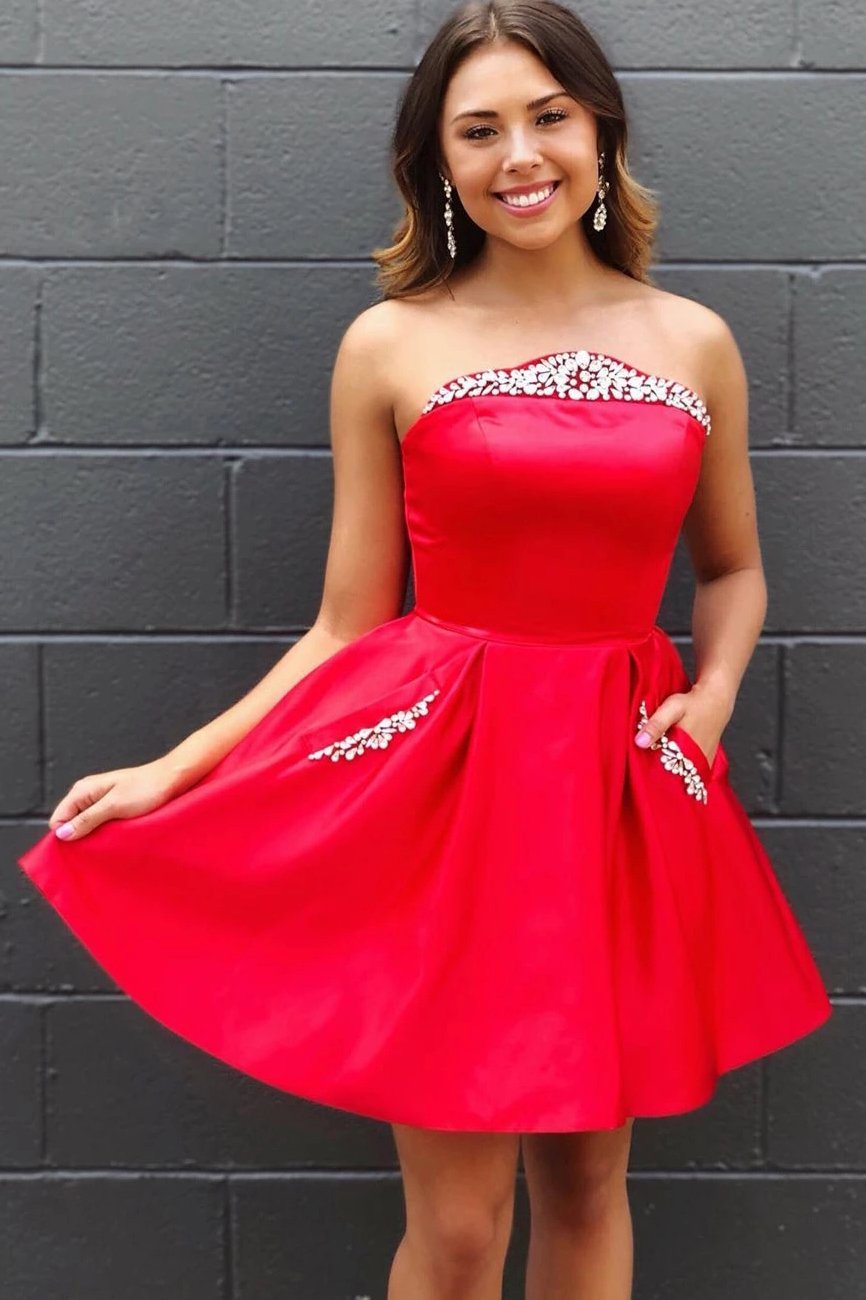 Strapless Homecoming Dress, Fuchsia Short Prom Dress With Beading Pockets GM78