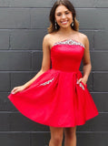 strapless homecoming dress fuchsia short prom dress with beading pockets