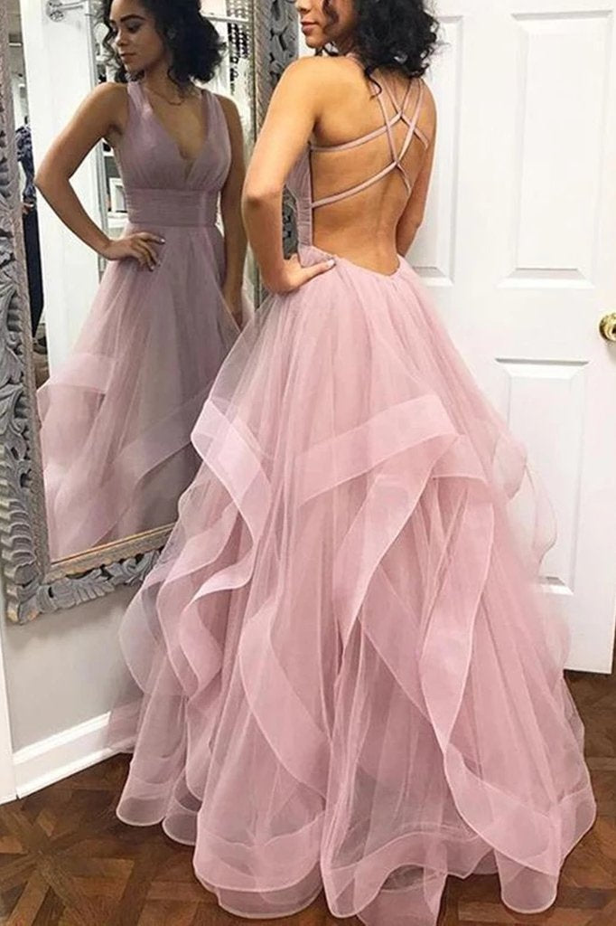 A Line V Neck Dusty Pink Long Prom Dresses With Straps, Backless Ruffles Graduation Dress MP231