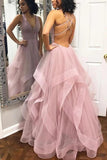 a line v neck dusty pink long prom dresses with straps backless ruffles graduation dress