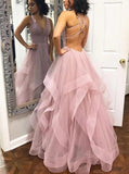 a line v neck dusty pink long prom dresses with straps backless ruffles graduation dress