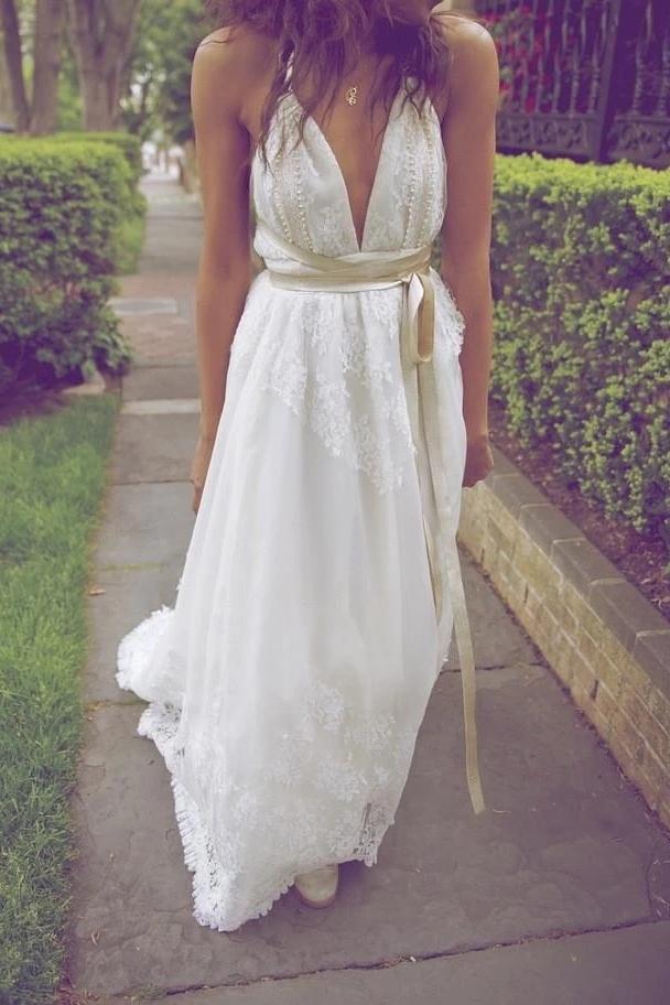 a line v neck beach wedding dresses backless bridal dress with pearls