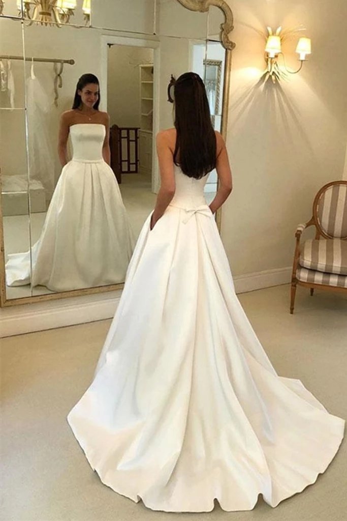 simple satin strapless wedding dresses long bridal dress with pockets