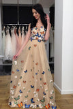 a line v neck 3d butterfly appliques long formal prom dress