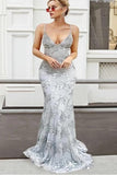 spaghetti straps mermaid tulle sequined backless prom dress