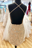 Gorgeous Backless Bodycon Short Party Dress Beading Homecoming Dress GM94