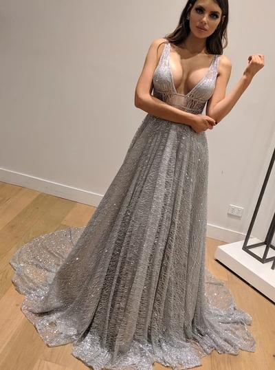 Dazzling Silver Sequins Prom Dresses Backless Formal Engagement Dress MP200