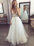 Custom Made V-neck Tulle Beach Wedding Dresses With Appliques PW130