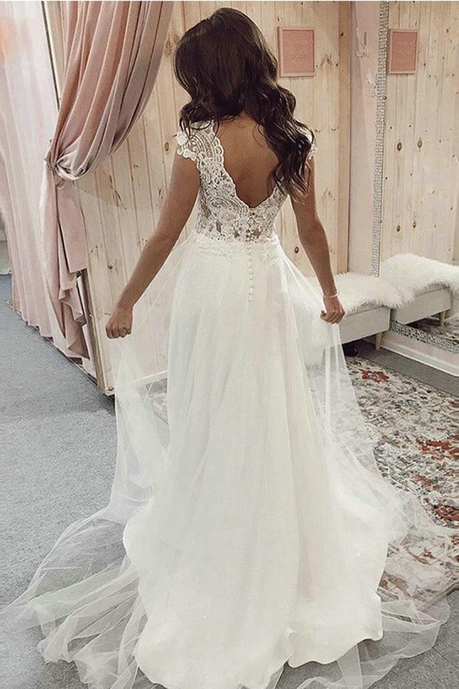 A-line V-neck Lace Top Wedding Dresses Tulle Bridal Gown PW76