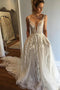 A-line Deep V-Neck Lace Appliques Wedding Dresses with Pockets PW202