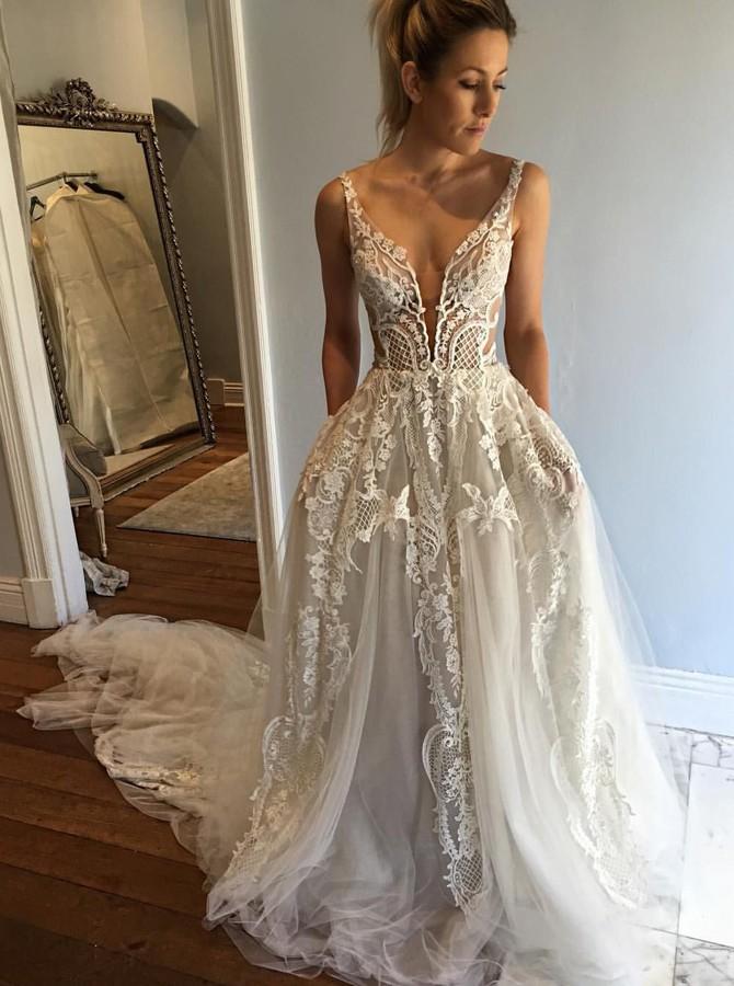 a line deep v neck lace appliques wedding dresses with pockets