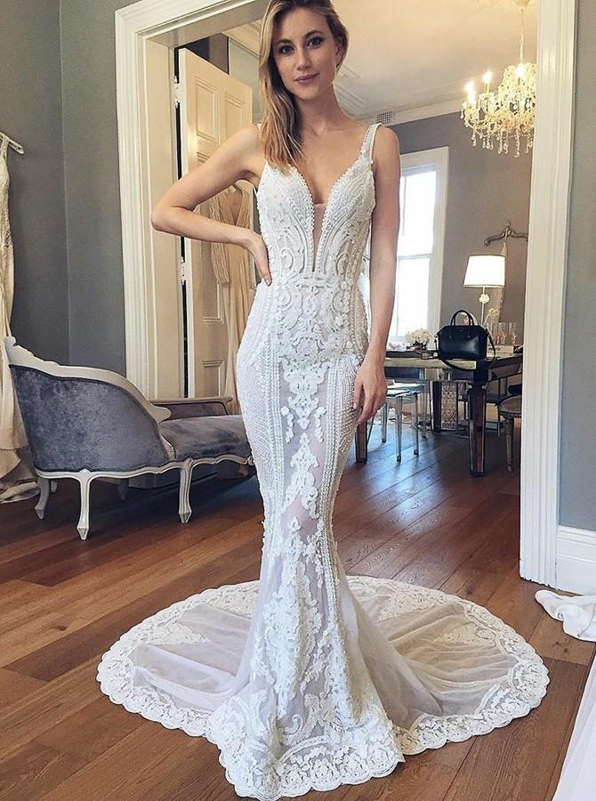 mermaid v neck backless wedding dresses with lace appliques