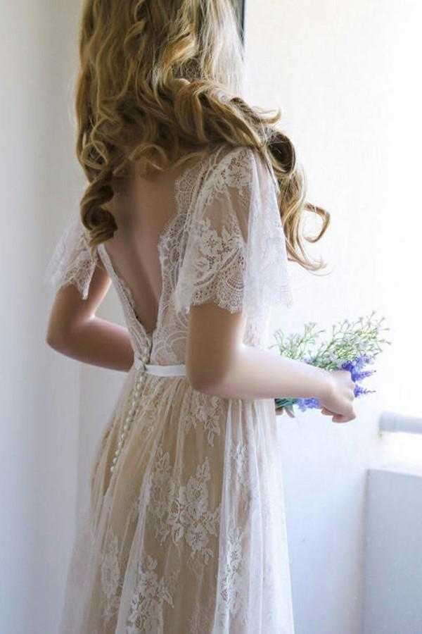 A-Line V-Neck Short Sleeves Backless Lace Beach Wedding Dress PW199