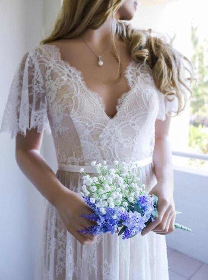 A-Line V-Neck Short Sleeves Backless Lace Beach Wedding Dress PW199