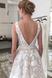 Elegant A-Line V-Neck Backless Appliques Wedding Dresses PW197