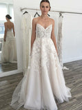 A-Line Spaghetti Tulle Backless Wedding Dress with Appliques PW195