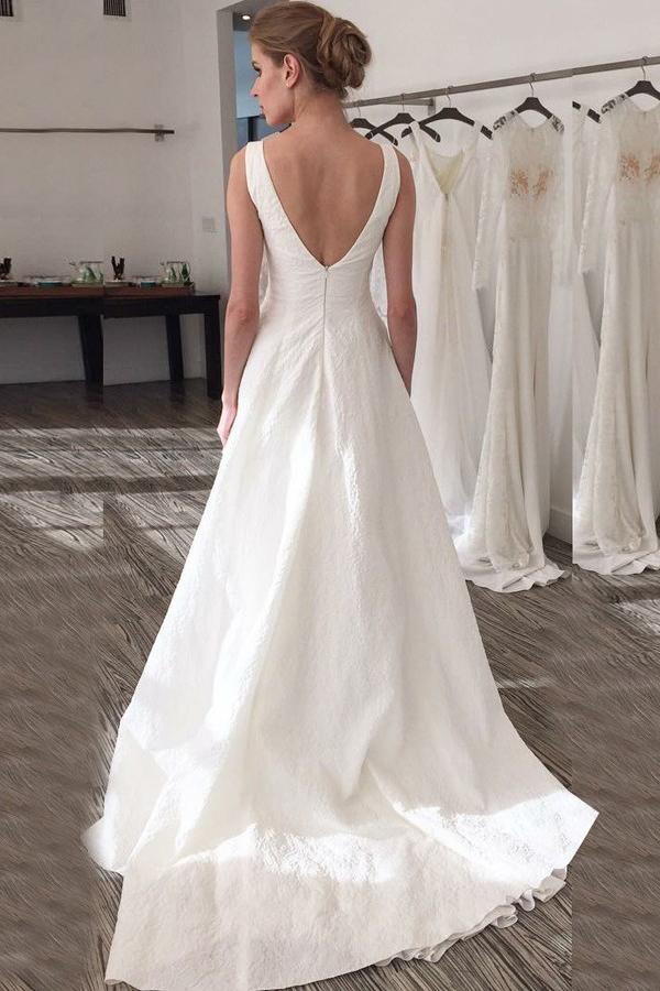 a line illusion bateau v back printed satin wedding dress