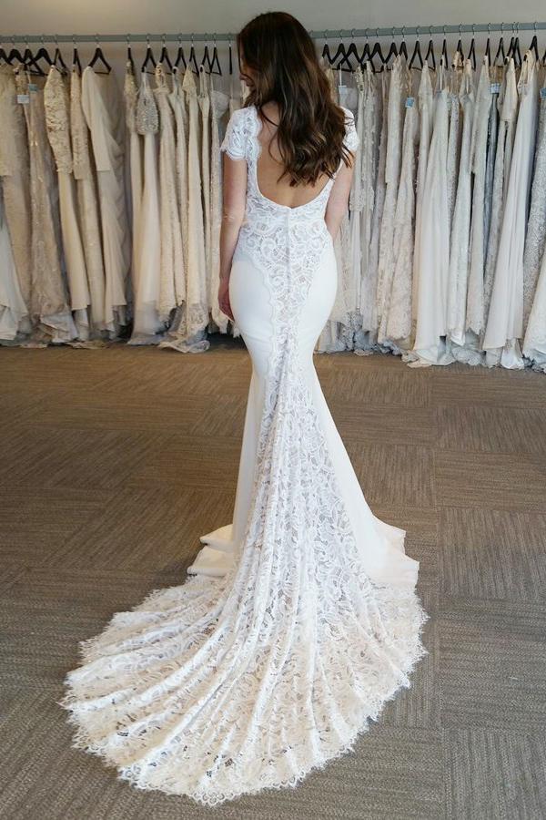 mermaid v neck backless bridal gown lace short sleeves wedding dress
