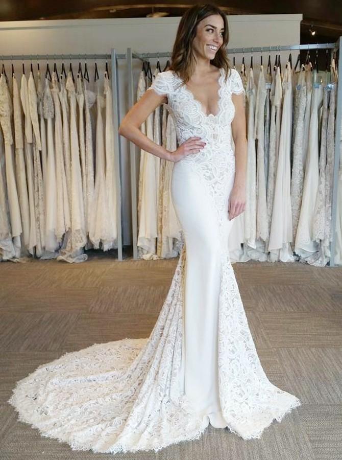 mermaid v neck backless bridal gown lace short sleeves wedding dress