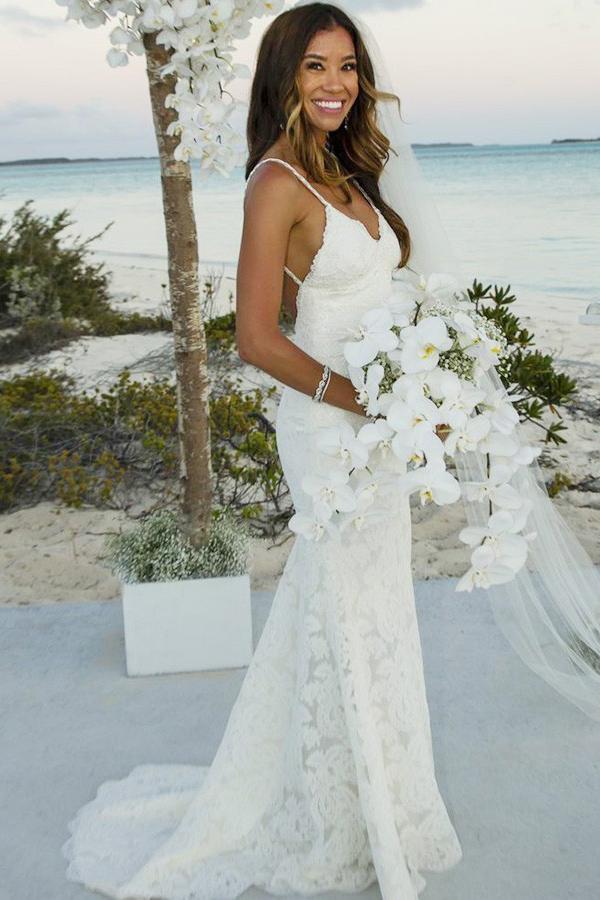 spaghetti straps lace backless beach mermaid wedding dress