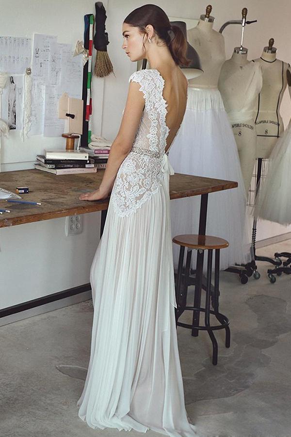 A-Line V-Neck Chiffon Lace Backless Wedding Dress with Beading PW190
