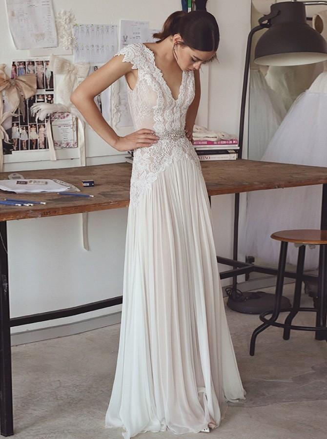 a line v neck chiffon lace backless wedding dress with beading