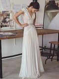 A-Line V-Neck Chiffon Lace Backless Wedding Dress with Beading PW190