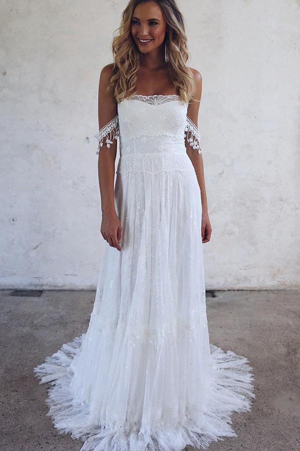 flowy off the shoulder strapless lace beach boho wedding dresses