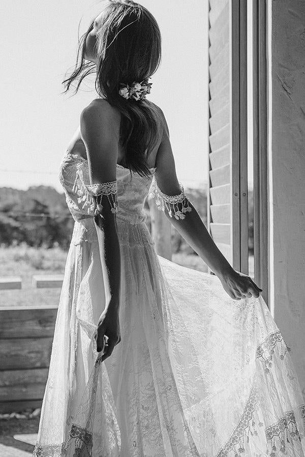 flowy off the shoulder strapless lace beach boho wedding dresses