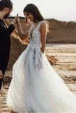 a line plunging neckline appliques tulle outdoor wedding dress with split