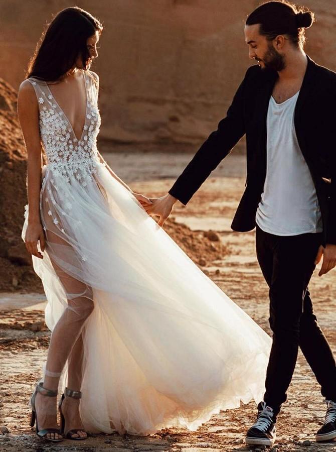a line plunging neckline appliques tulle outdoor wedding dress with split