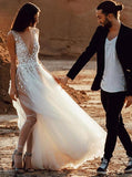 A-Line Plunging Neckline Appliques Tulle Outdoor Wedding Dress with Split PW188