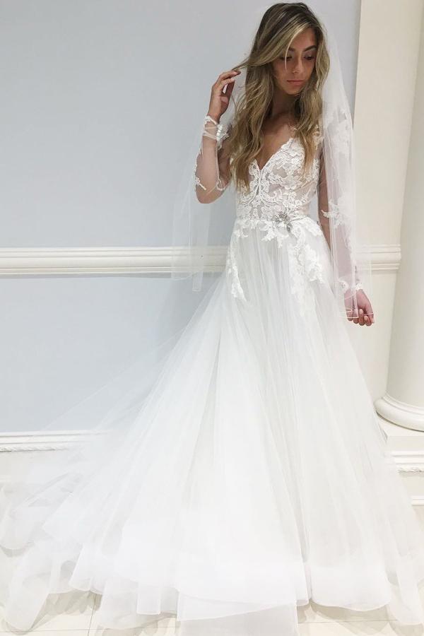 A-Line V-Neck Tulle Long Sleeves Wedding Dress with Appliques PW186