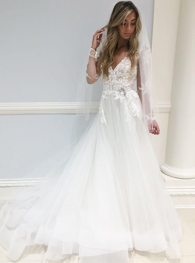 a line v neck tulle long sleeves wedding dress with appliques