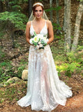 a line spaghetti straps outdoor wedding dress with appliques