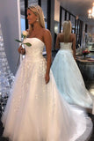 white a line tulle strapless wedding dresses with appliques