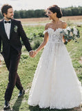 a line off the shoulder tulle wedding dresses with appliques